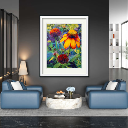 Digital download of Painted Cone Flowers , Original hand-painted by Dawn Bouchard, Vivid Orange Coneflowers Flowers, Colourful Floral artwork, Wall Art