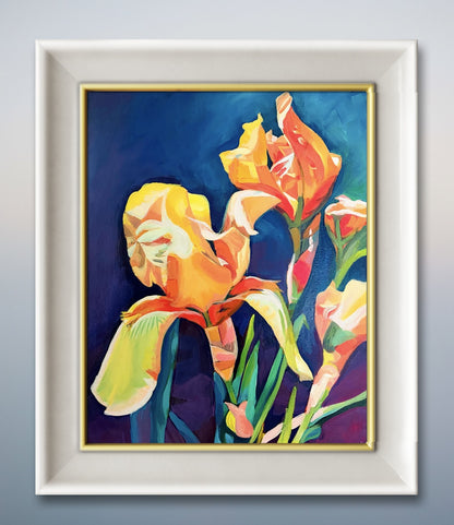 Digital Download of Orange Iris Art Flower Painting, Original Hand painted by Dawn Bouchard, Vivid flower, Colourful Floral artwork, Orange Irises, Wall Art