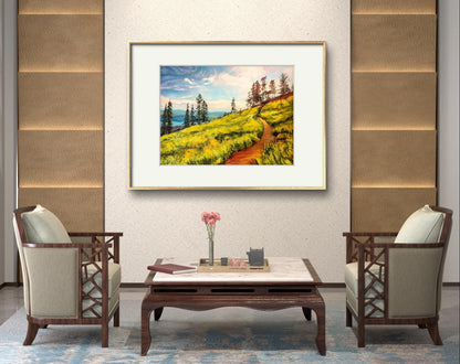 Digital Download of Hillside Meadow Landscape Painting, Original Hand painted by Dawn Bouchard, Vivid Wild Flower, Colourful Floral artwork, Pink Roses, Wall Art