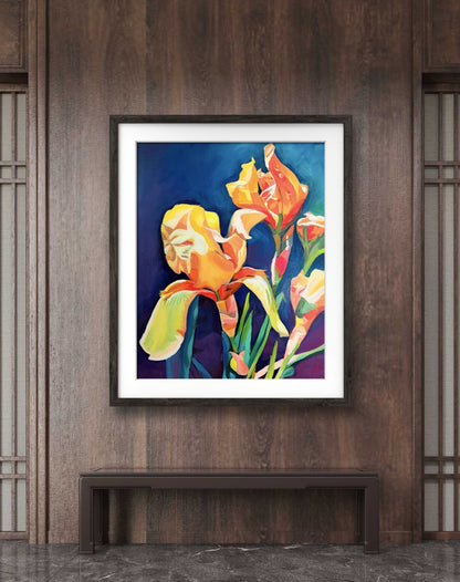 Digital Download of Orange Iris Art Flower Painting, Original Hand painted by Dawn Bouchard, Vivid flower, Colourful Floral artwork, Orange Irises, Wall Art