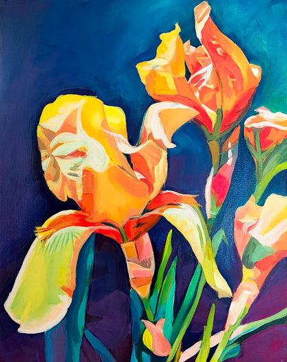 Digital Download of Orange Iris Art Flower Painting, Original Hand painted by Dawn Bouchard, Vivid flower, Colourful Floral artwork, Orange Irises, Wall Art