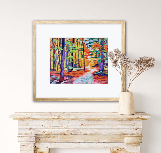 Digital-download of Forest Lane Landscape painting, Original hand-painted by Dawn Bouchard,  Fall trees and laneway, Autumn woodlands, Vibrant Colourful Art , Tranquil landscape artwork, Wall Art