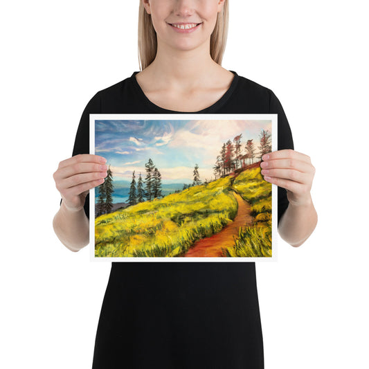 Hillside Meadow Landscape Poster/Print, Mountains, Lake,  Meadow peaceful Art  , Tranquil land artwork,  Wall Art