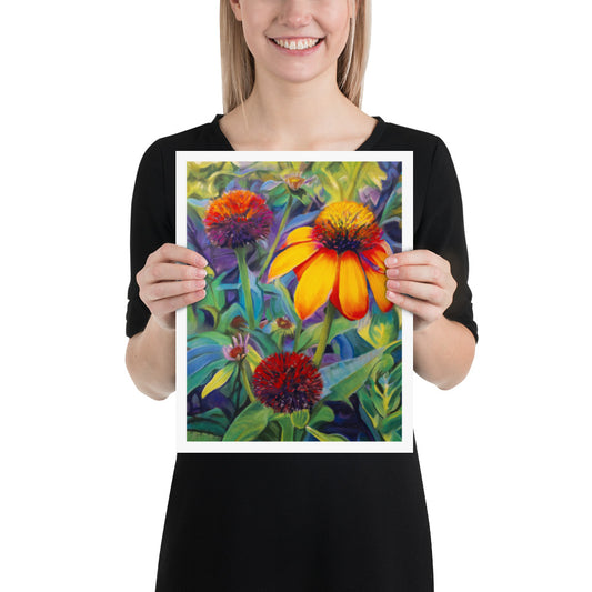 Painted Cone Flowers Poster/Print, Vivid Orange Coneflowers Flowers, Colourful Floral artwork,  Wall Art